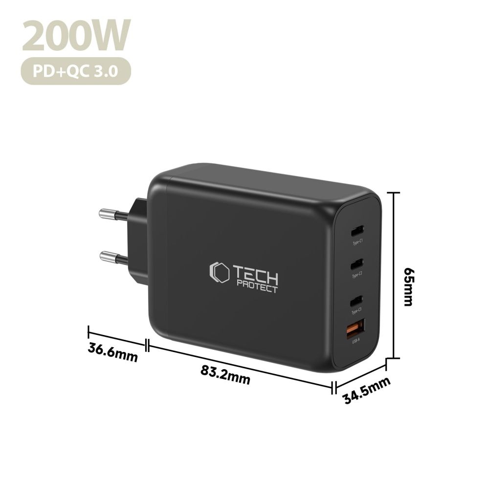 Tech-Protect NC200W-GAN 4-portová nabíjačka PD200W/QC3.0 - čierna