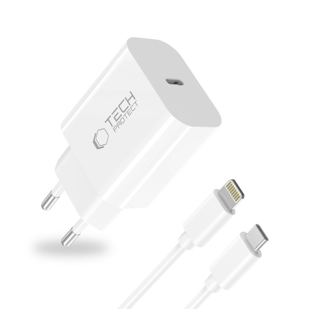 Tech-Protect NC20W sieťová nabíjačka PD 20W + Lightning/USB-C kábel – biela