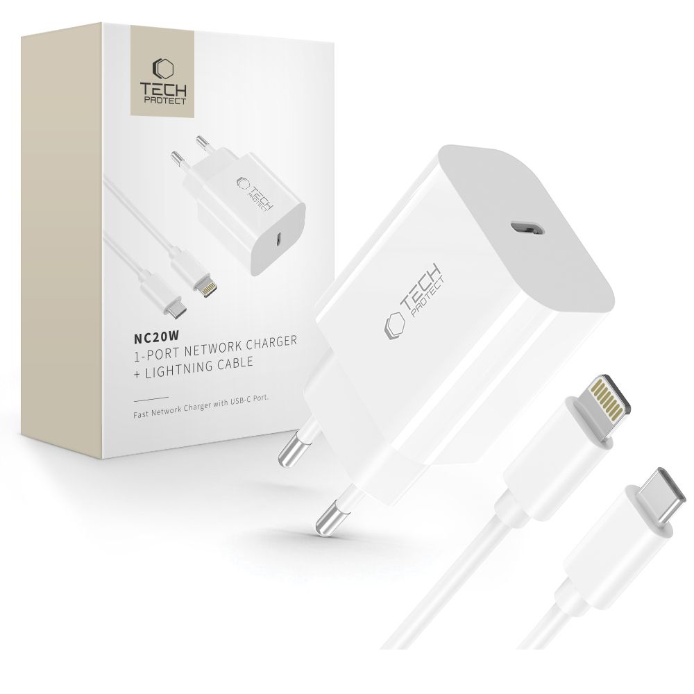 Tech-Protect NC20W sieťová nabíjačka PD 20W + Lightning/USB-C kábel – biela