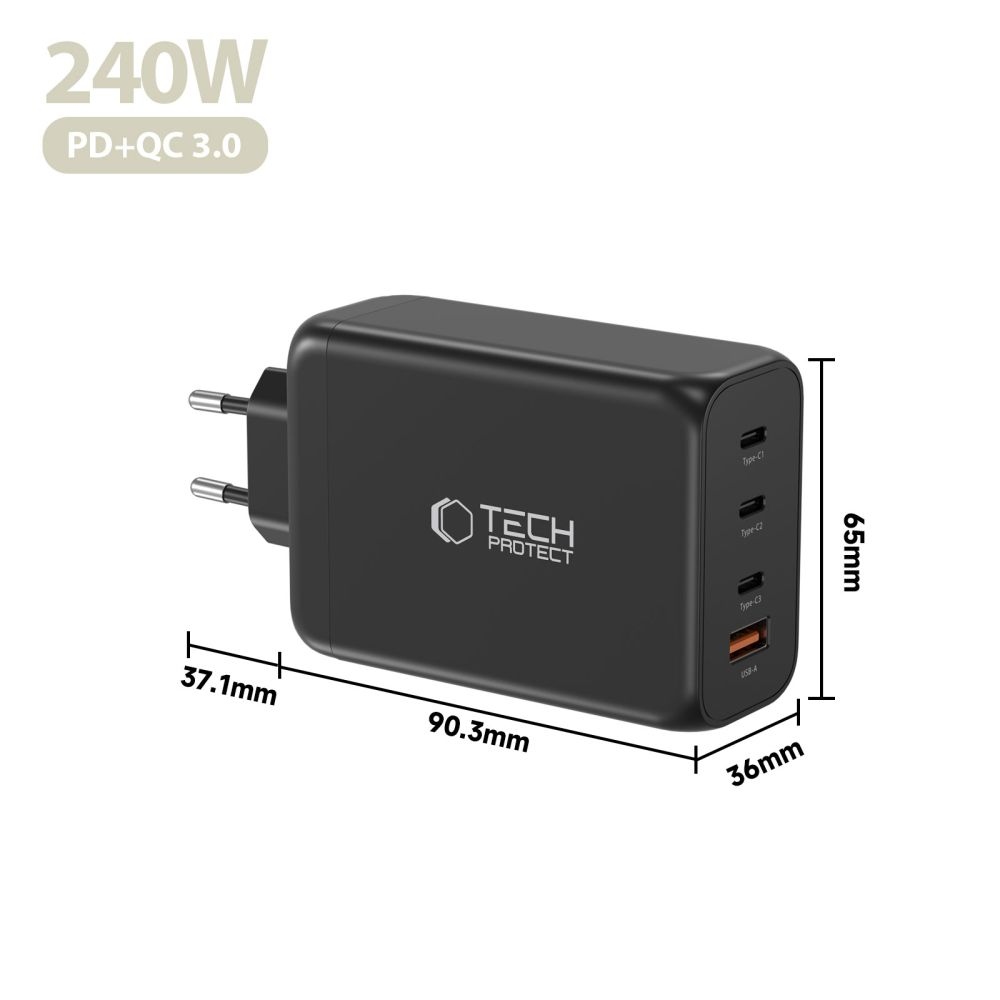 Tech-Protect NC240W-GAN 4-portová nabíjačka PD240W/QC3.0 - čierna