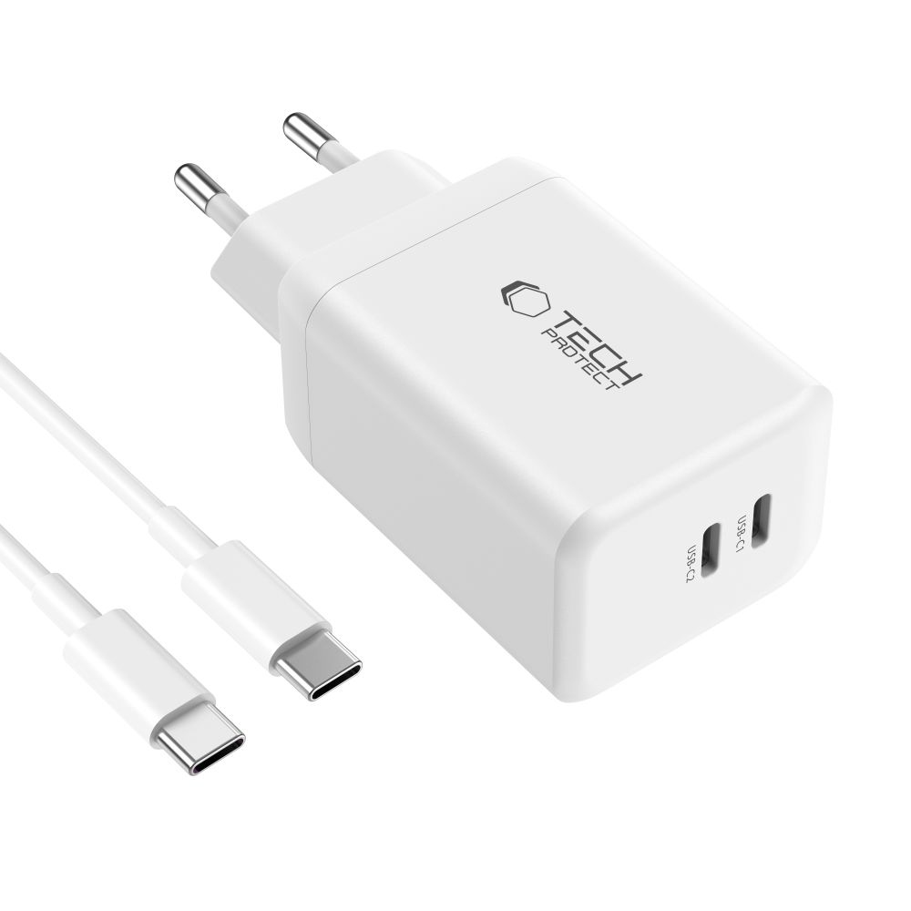 Tech-Protect NC45W-GAN 2-portová nabíjačka PD45W + USB-C/USB-C kábel - biela