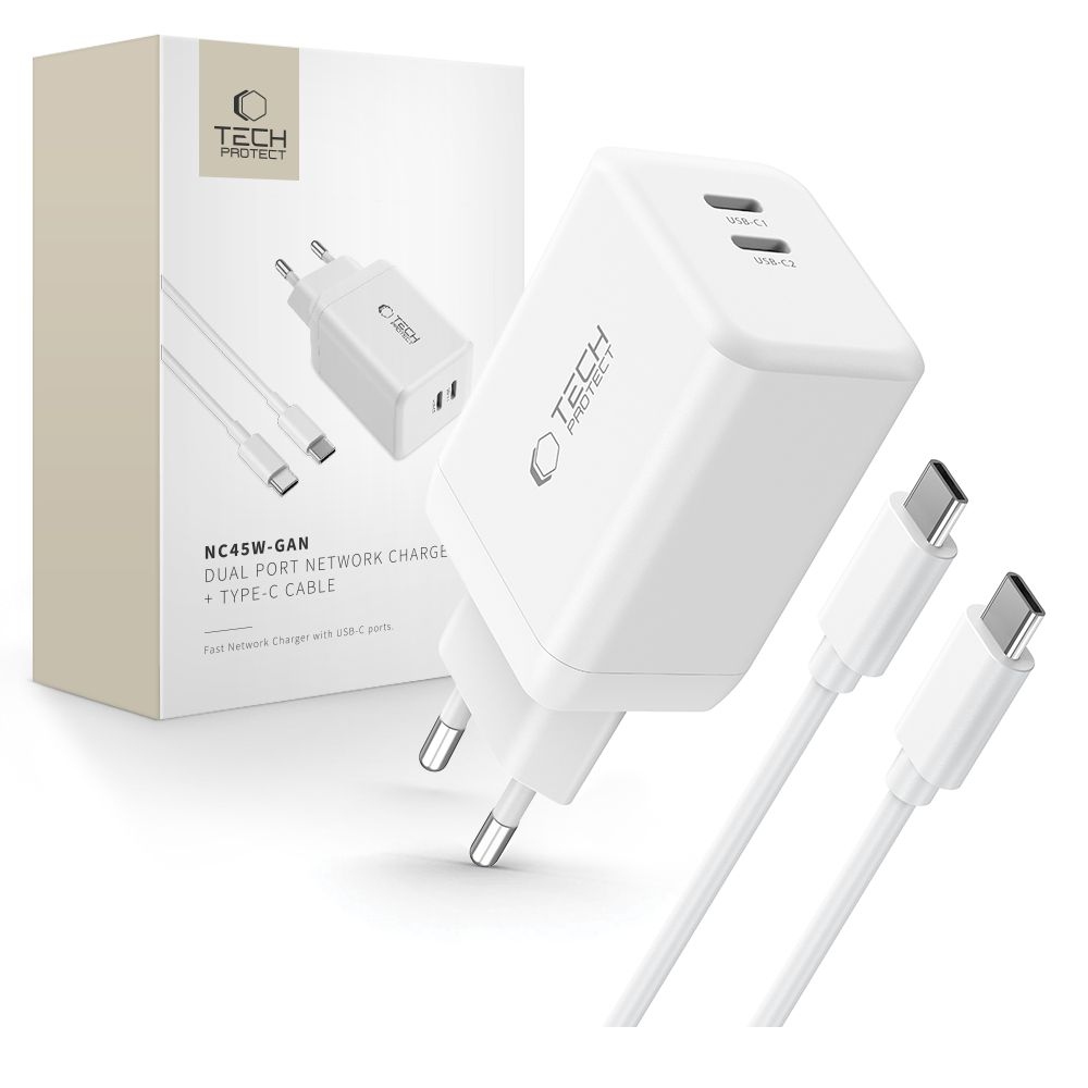 Tech-Protect NC45W-GAN 2-portová nabíjačka PD45W + USB-C/USB-C kábel - biela