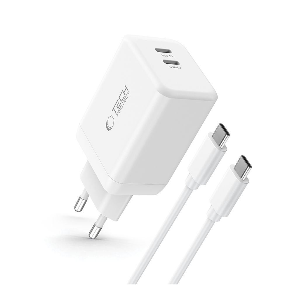 Tech-Protect NC45W-GAN 2-portová nabíjačka PD45W + USB-C/USB-C kábel - biela