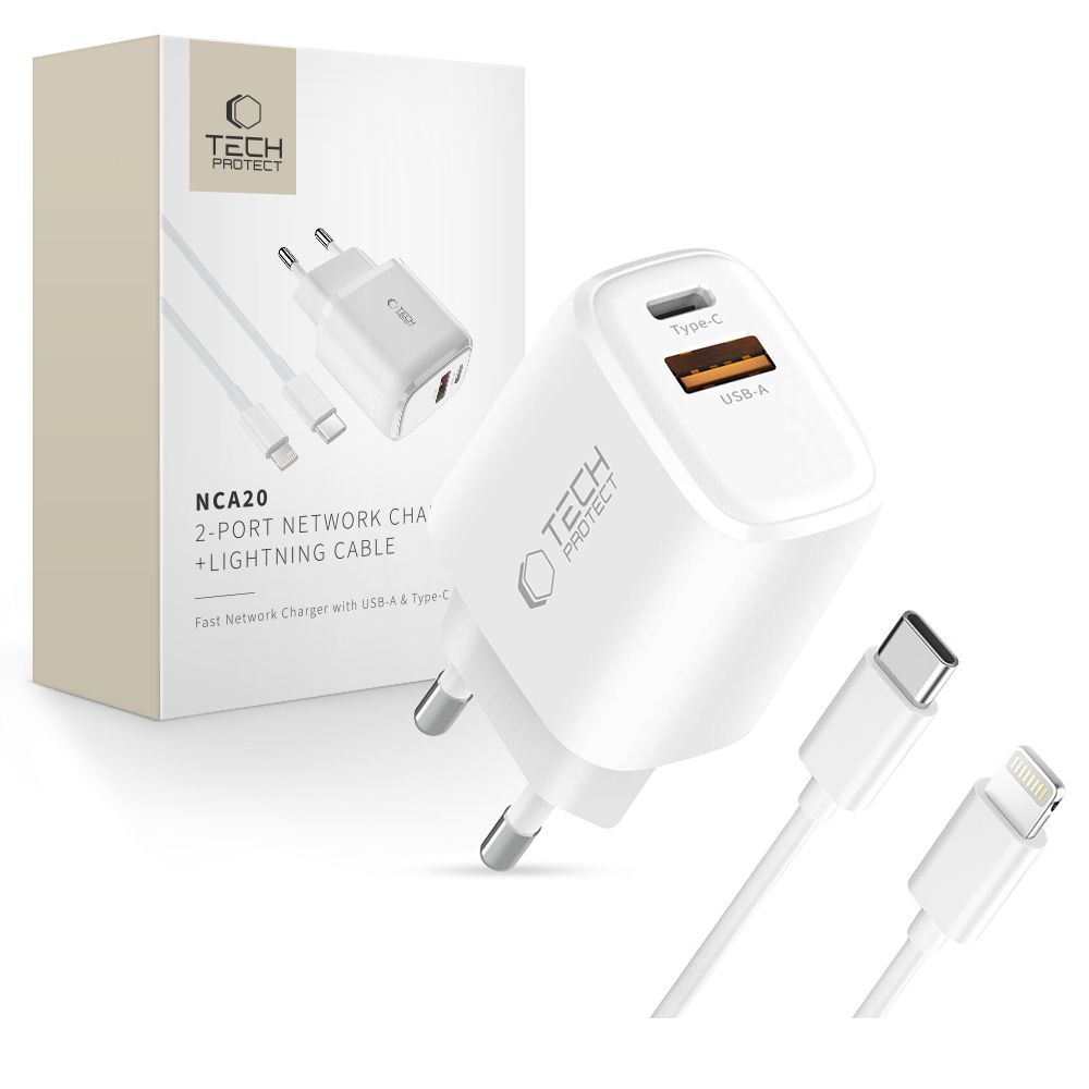 Tech-Protect NCA20 2-portová nabíjačka PD 20W/QC3.0 + Lightning/USB-C kábel - biela