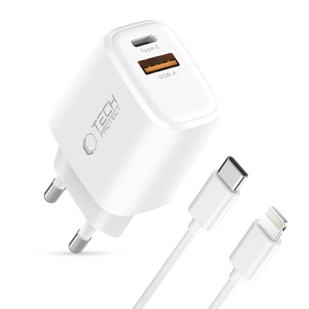 Tech-Protect NCA20 2-portová nabíjačka PD 20W/QC3.0 + Lightning/USB-C kábel - biela