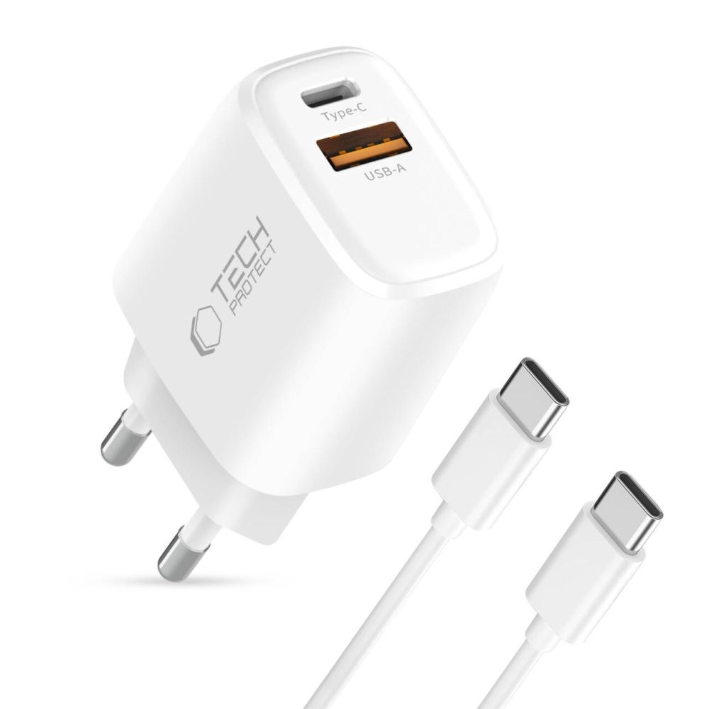 Tech-Protect NCA20 2-portová nabíjačka PD 20W/QC3.0 + USB-C/USB-C kábel - biela