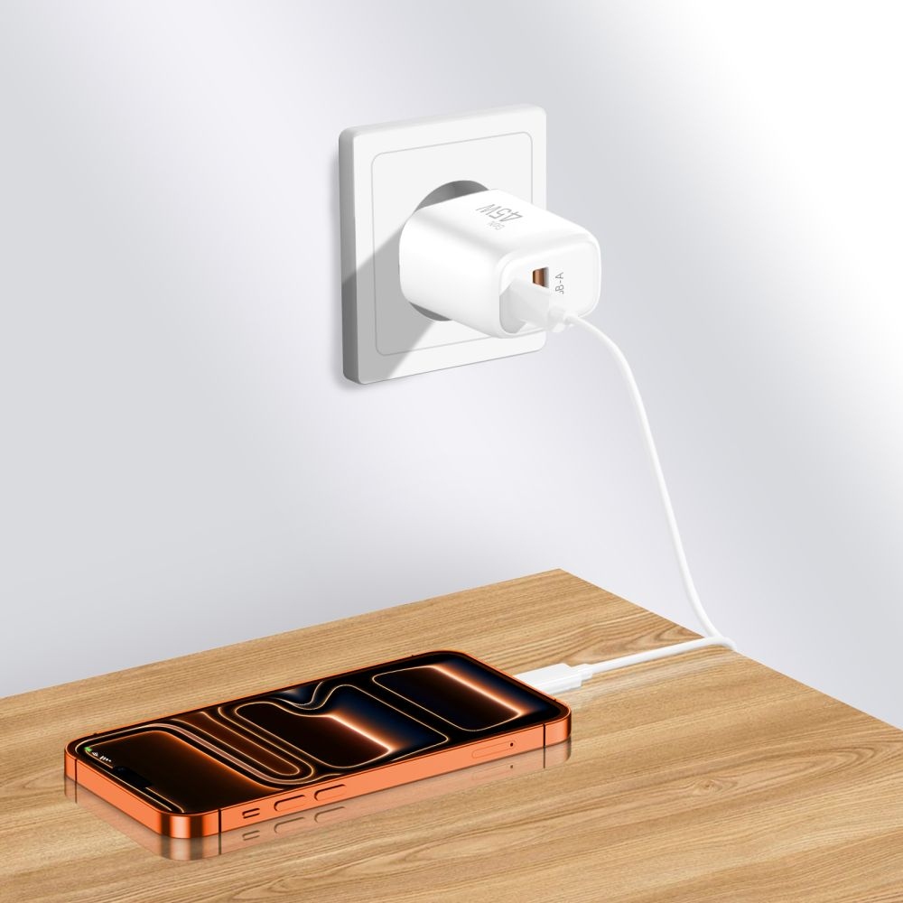 Tech-Protect NCA45W-GaN 2-portová nabíjačka PD 45W/QC3.0 + USB-C/Lightning kábel - biela