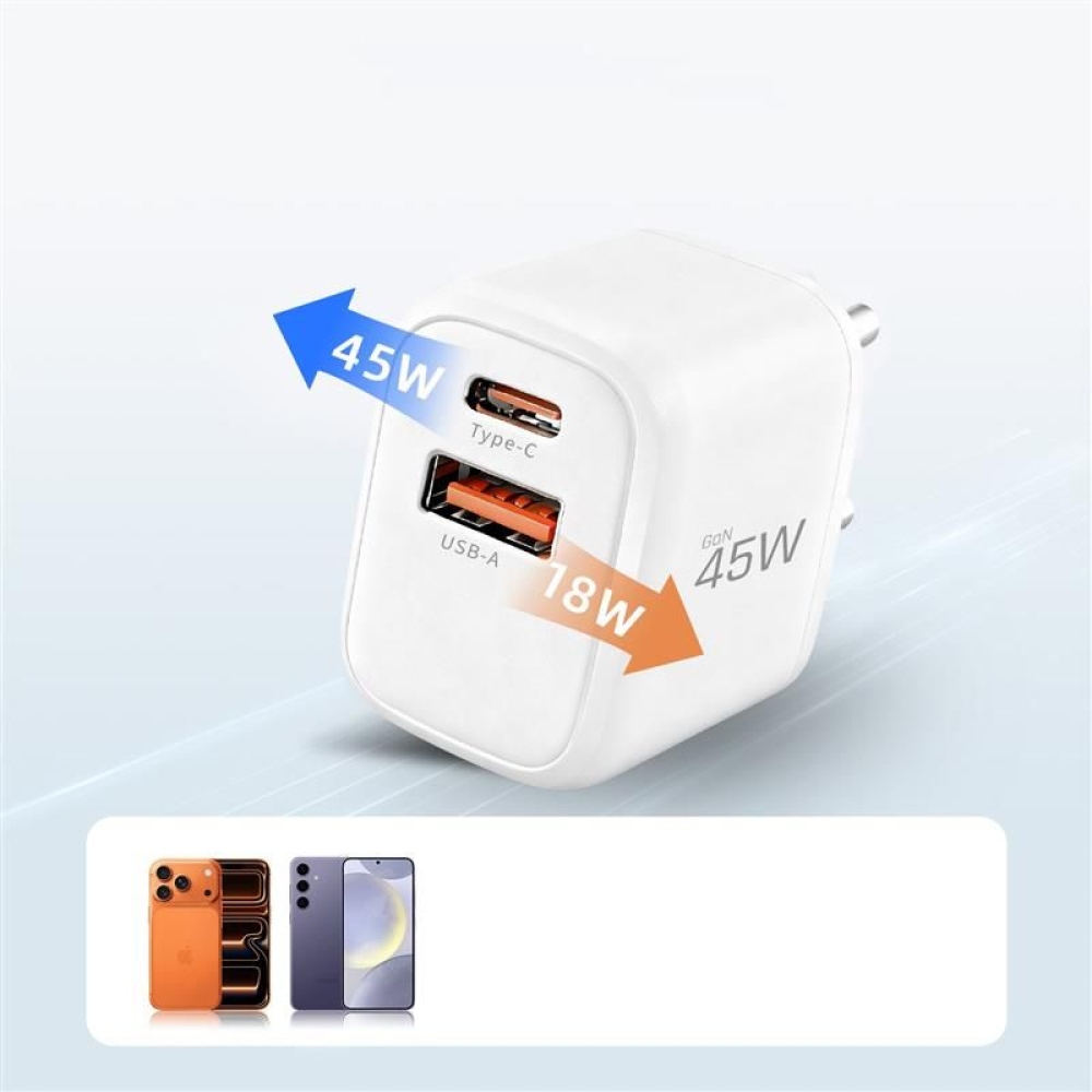 Tech-Protect NCA45W-GaN 2-portová nabíjačka PD 45W/QC3.0 + USB-C/Lightning kábel - biela