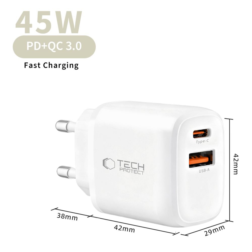 Tech-Protect NCA45W-GaN 2-portová nabíjačka PD 45W/QC3.0 + USB-C/Lightning kábel - biela