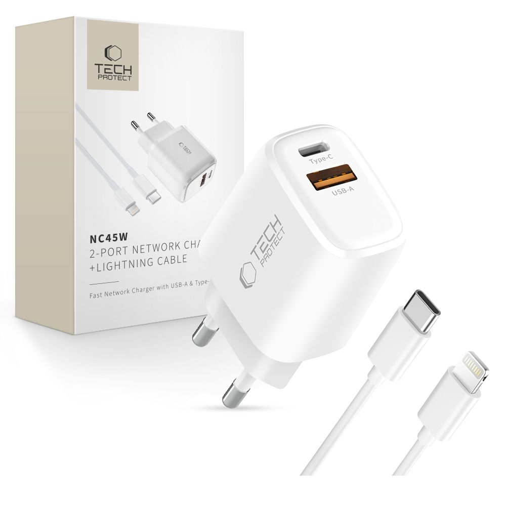 Tech-Protect NCA45W-GaN 2-portová nabíjačka PD 45W/QC3.0 + USB-C/Lightning kábel - biela