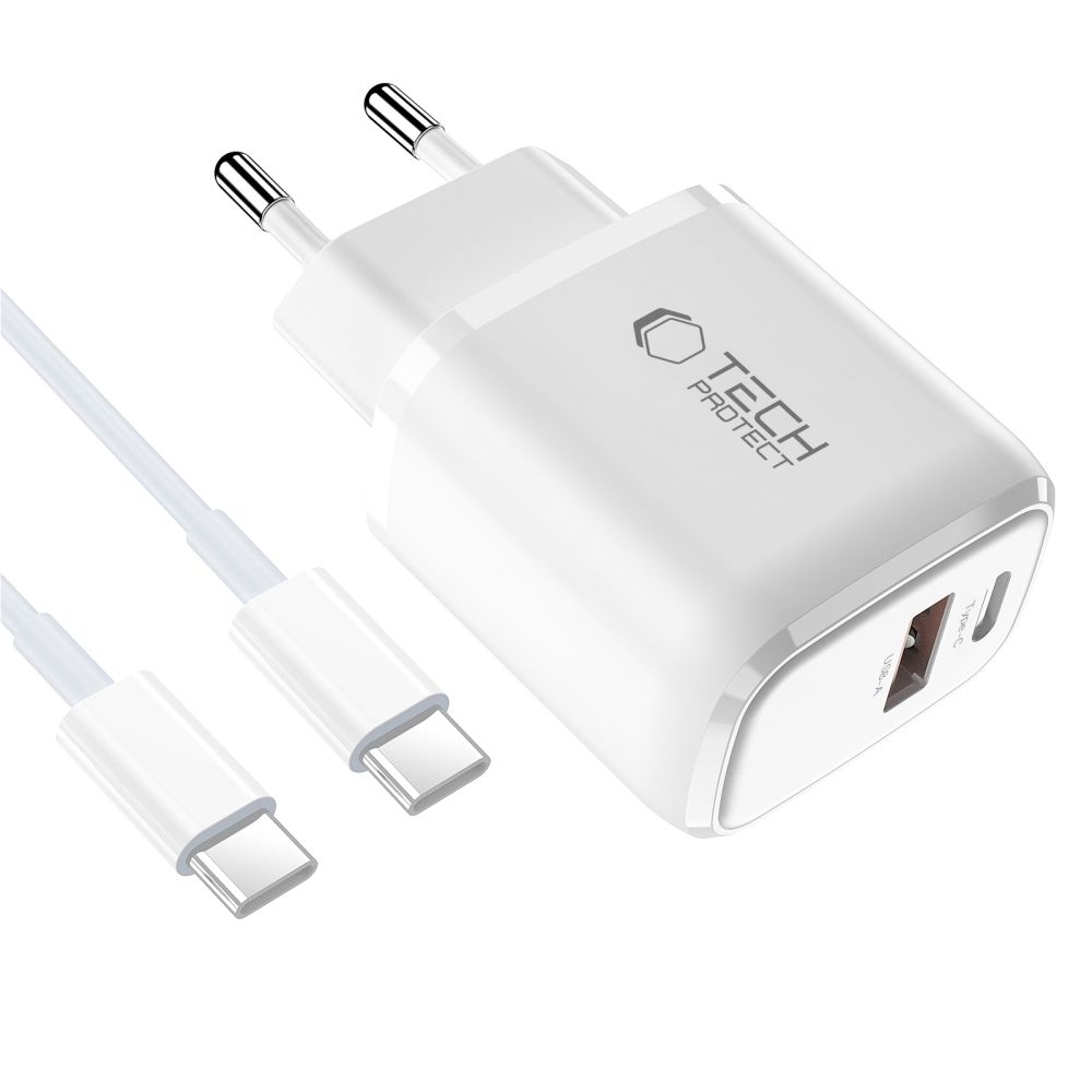 Tech-Protect NCA45W-GaN 2-portová nabíjačka PD 45W/QC3.0 + USB-C/USB-C kábel - biela