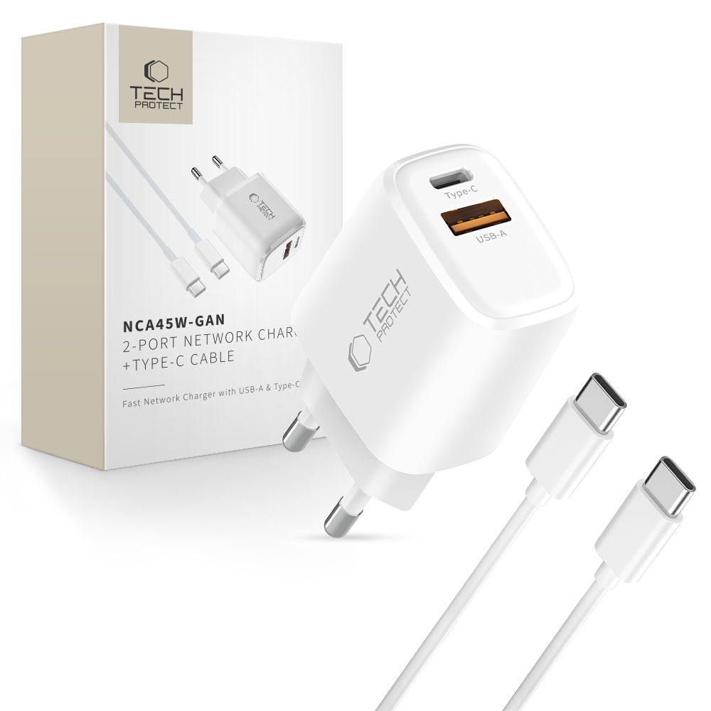 Tech-Protect NCA45W-GaN 2-portová nabíjačka PD 45W/QC3.0 + USB-C/USB-C kábel - biela