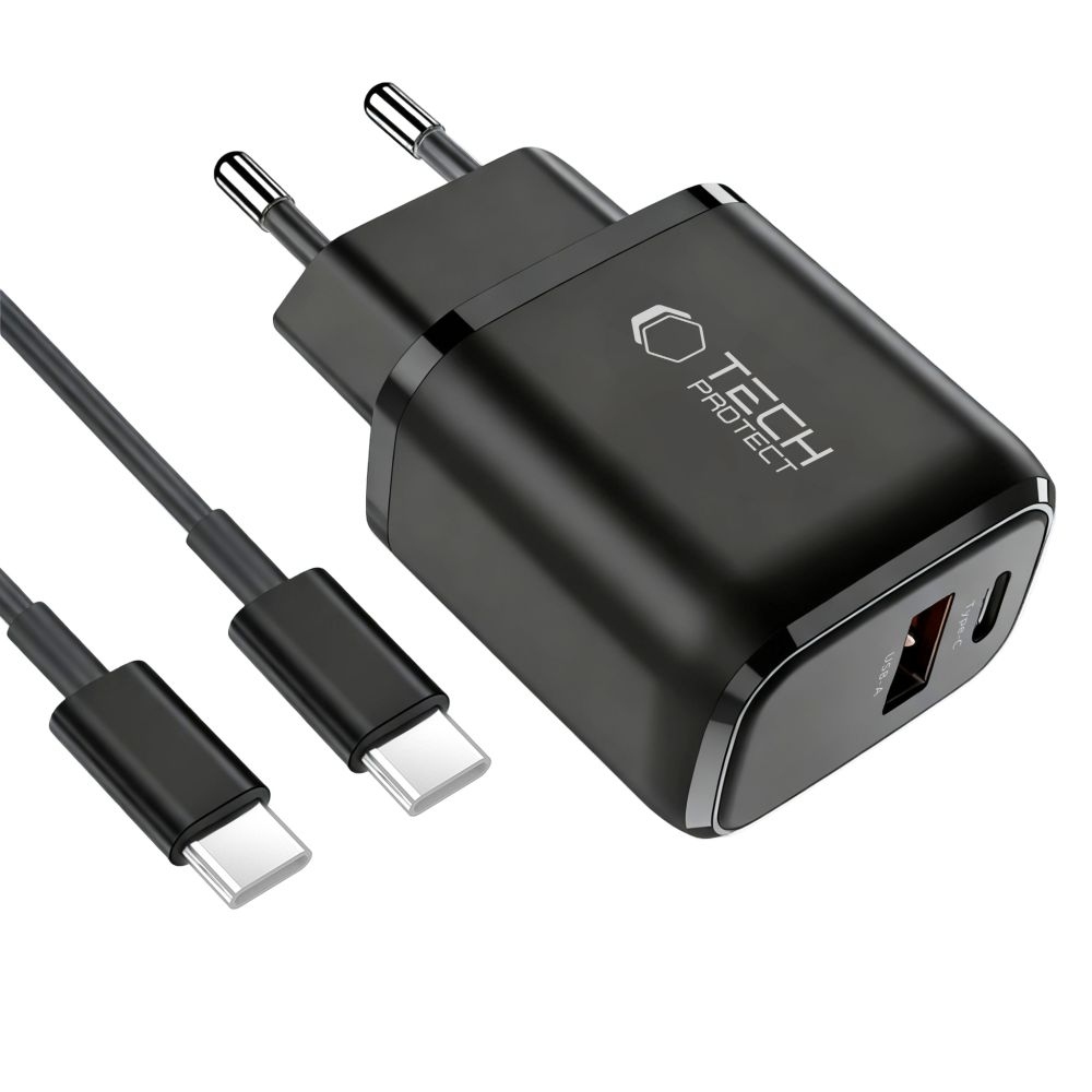 Tech-Protect NCA45W-GaN 2-portová nabíjačka PD 45W/QC3.0 + USB-C/USB-C kábel - čierna