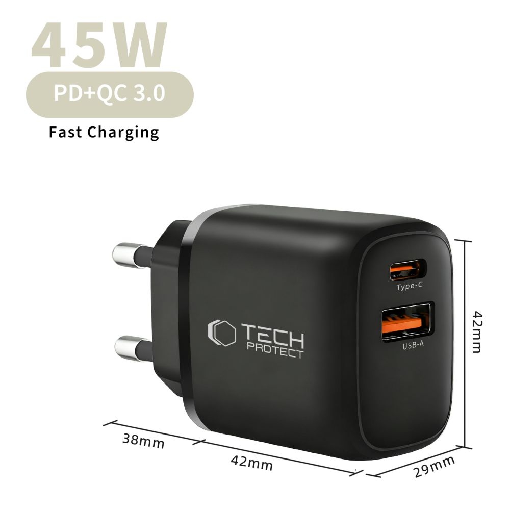 Tech-Protect NCA45W-GaN 2-portová nabíjačka PD 45W/QC3.0 + USB-C/USB-C kábel - čierna