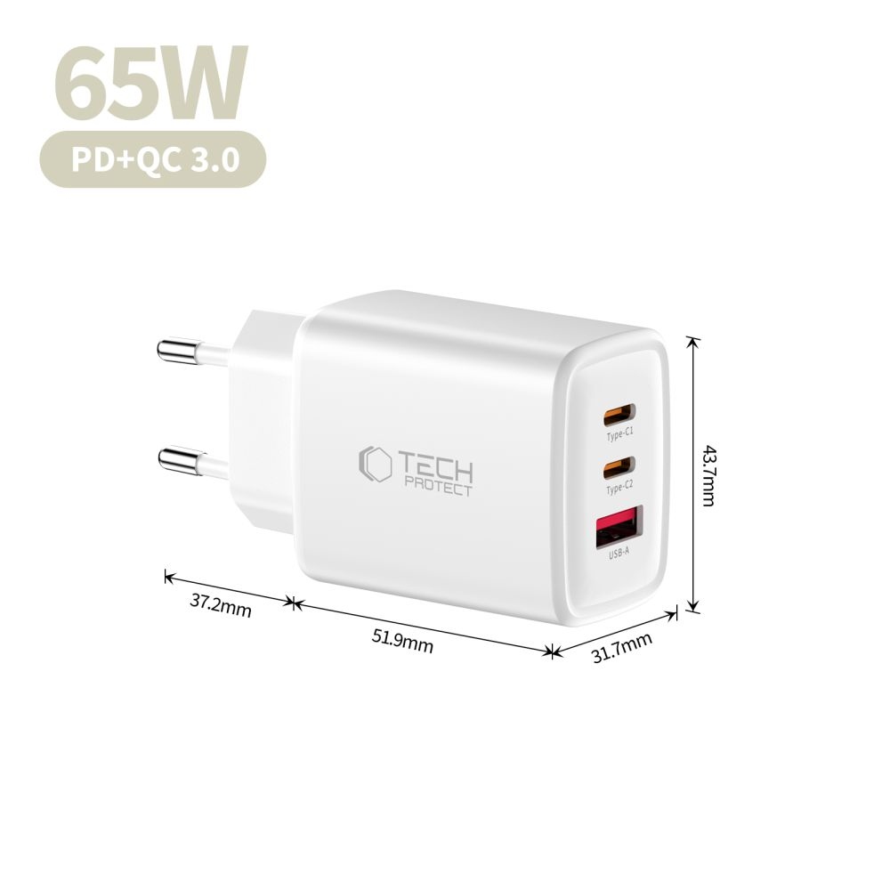 Tech-Protect NCA65W-GAN 3-portová nabíjačka PD 65W/QC3.0 - biela