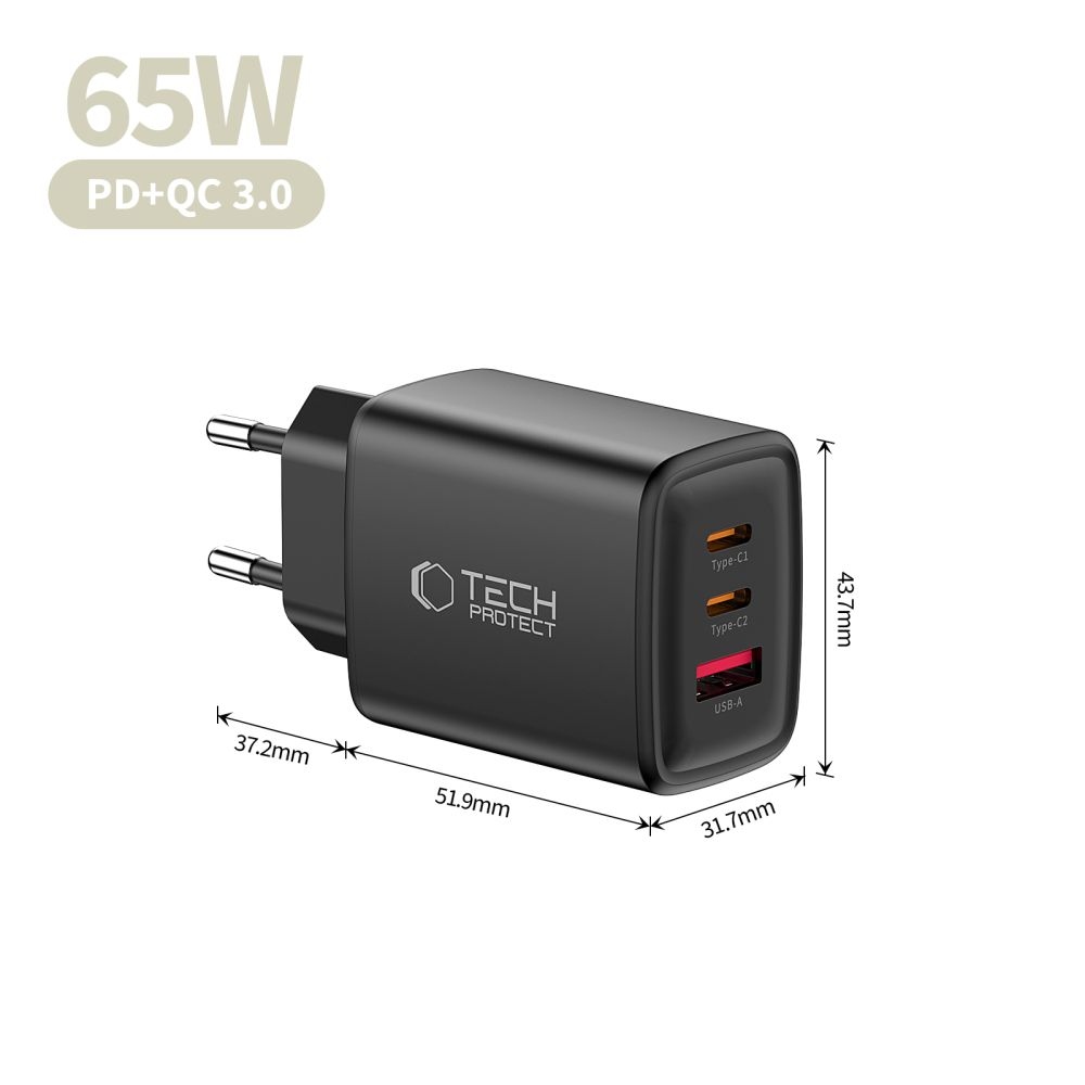 Tech-Protect NCA65W-GAN 3-portová nabíjačka PD 65W/QC3.0 - čierna