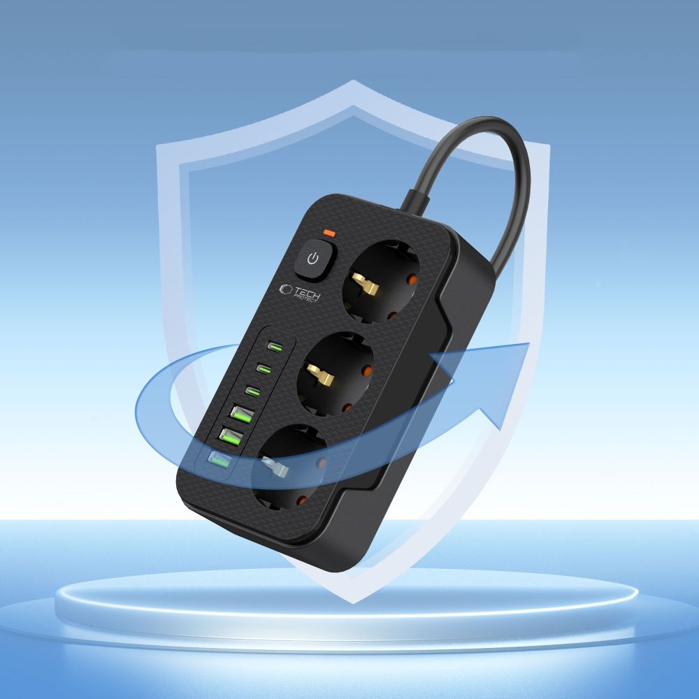 Tech-Protect PC3X6 predlžovací kábel s 3 zásuvkami 3 USB-A a 3 USB-C 2 m - čierny