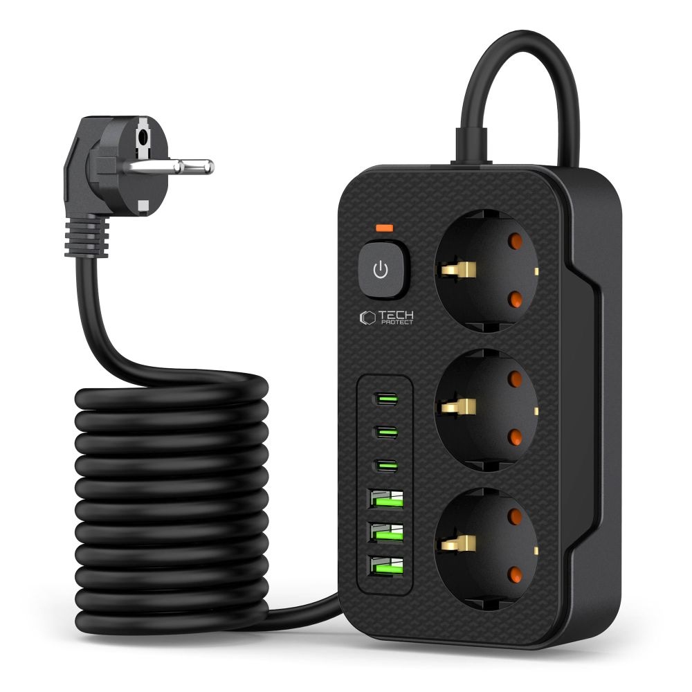 Tech-Protect PC3X6 predlžovací kábel s 3 zásuvkami 3 USB-A a 3 USB-C 2 m - čierny