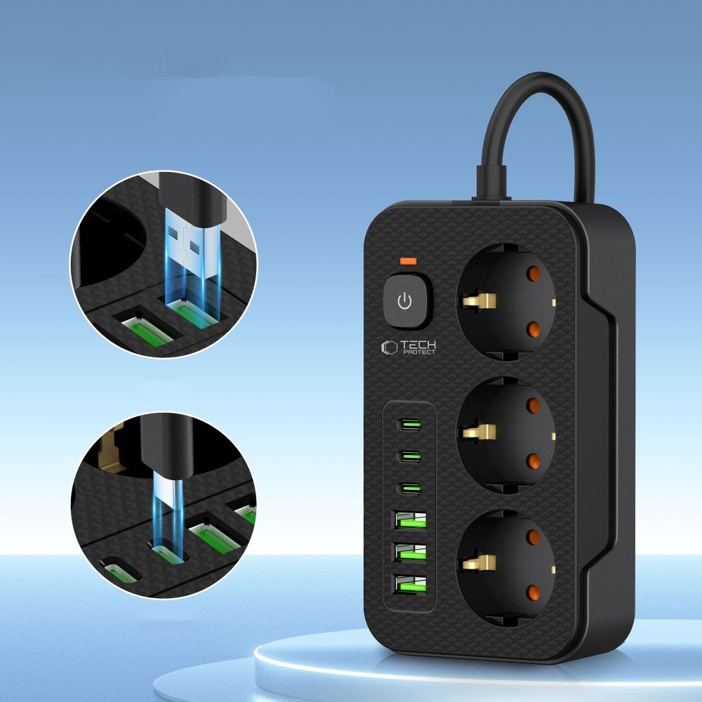 Tech-Protect PC3X6 predlžovací kábel s 3 zásuvkami 3 USB-A a 3 USB-C 2 m - čierny