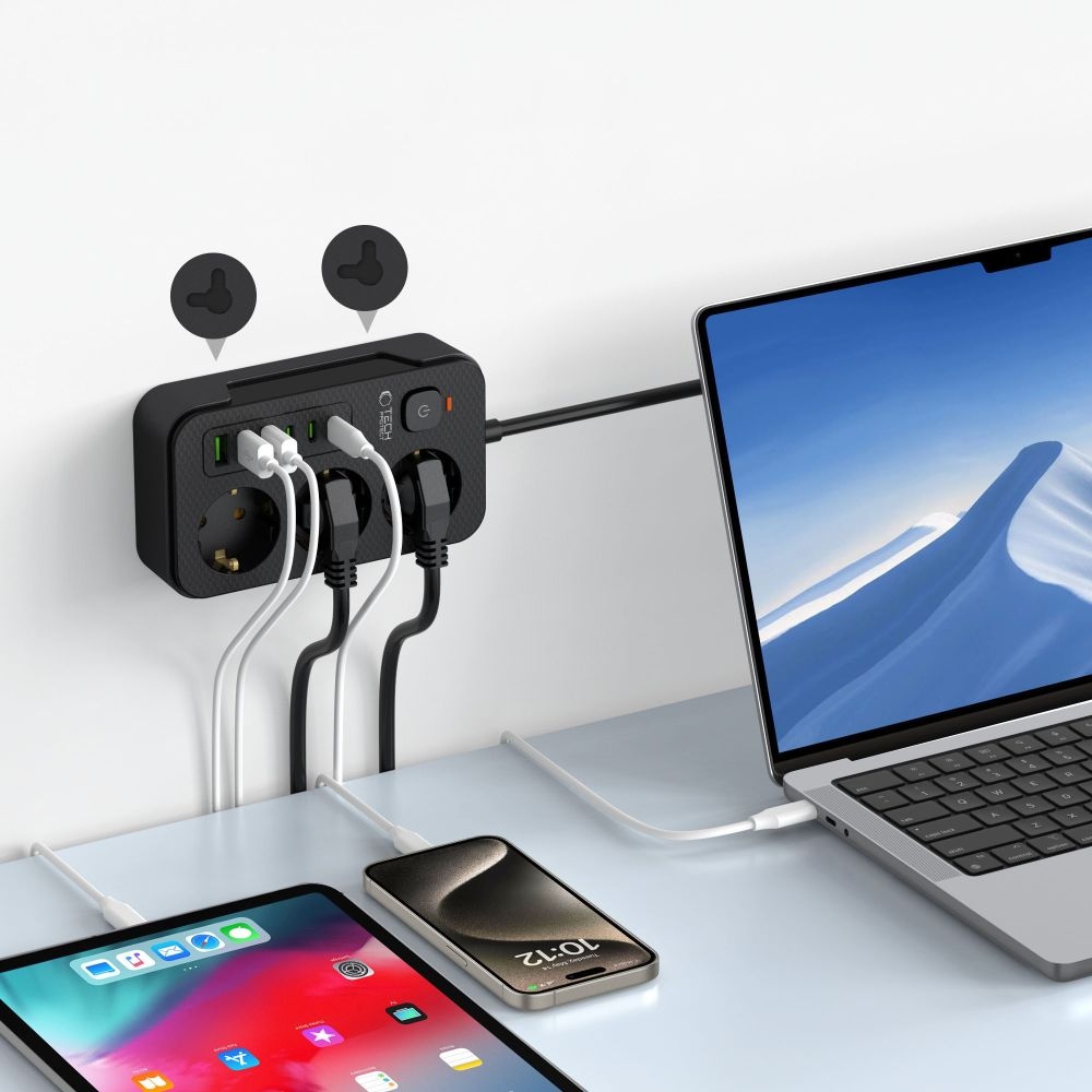 Tech-Protect PC3X6 predlžovací kábel s 3 zásuvkami 3 USB-A a 3 USB-C 2 m - čierny