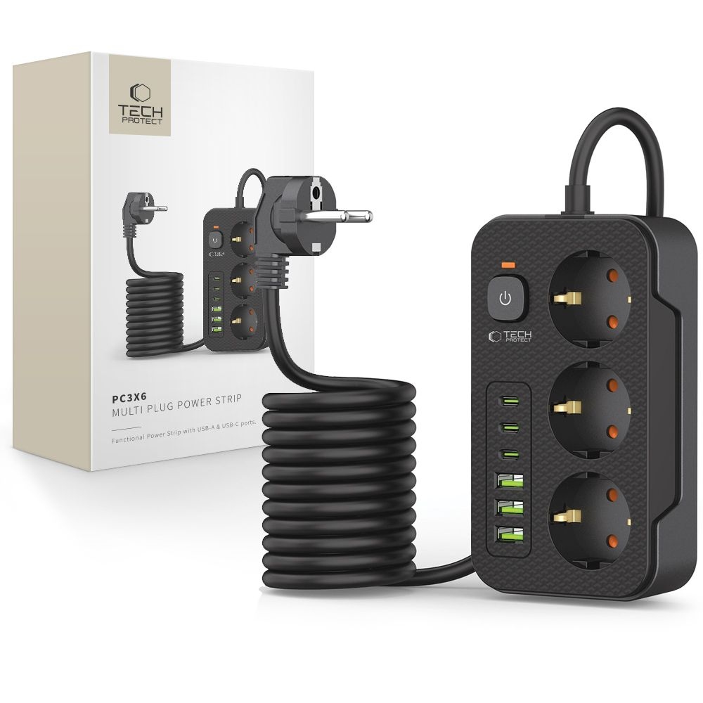 Tech-Protect PC3X6 predlžovací kábel s 3 zásuvkami 3 USB-A a 3 USB-C 2 m - čierny