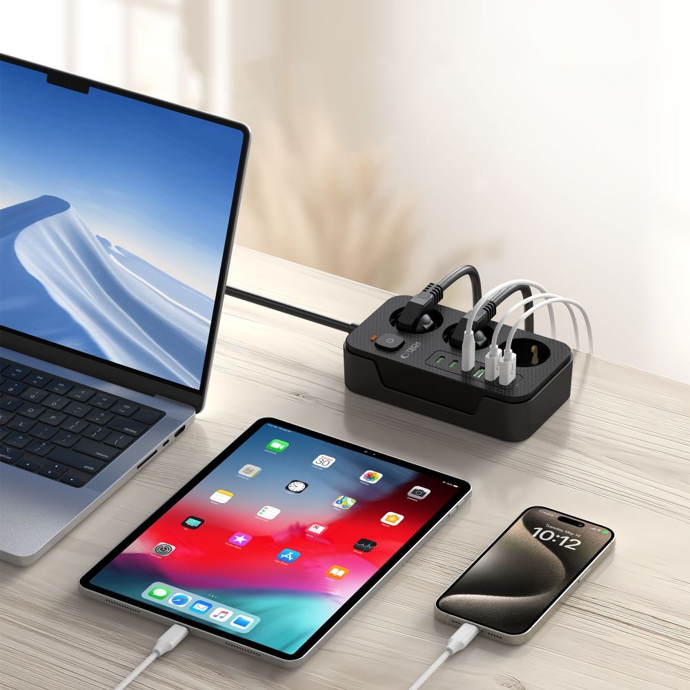 Tech-Protect PC3X6 predlžovací kábel s 3 zásuvkami 3 USB-A a 3 USB-C 2 m - čierny
