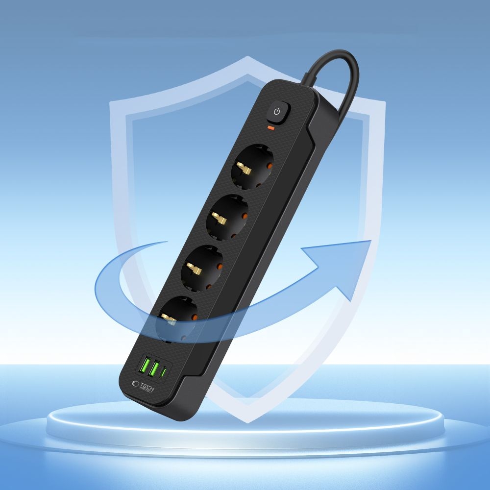 Tech-Protect PC4X3 predlžovací kábel so 4 zásuvkami 2 USB-A a 1 USB-C 2m - čierny