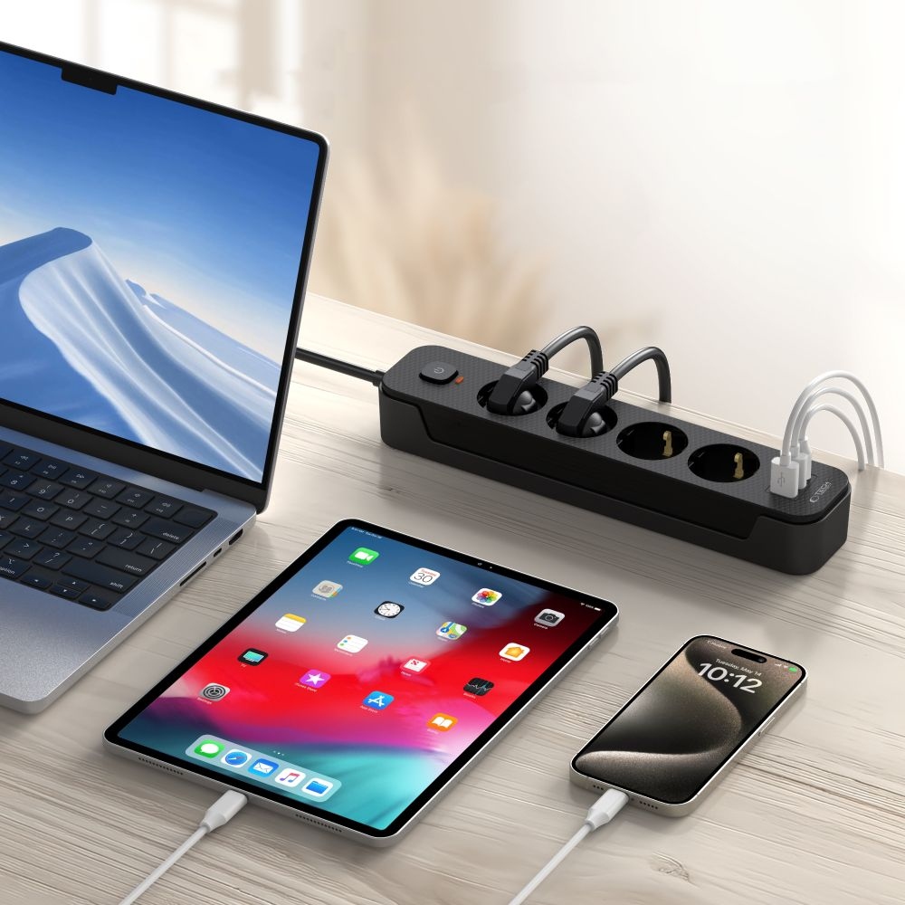 Tech-Protect PC4X3 predlžovací kábel so 4 zásuvkami 2 USB-A a 1 USB-C 2m - čierny