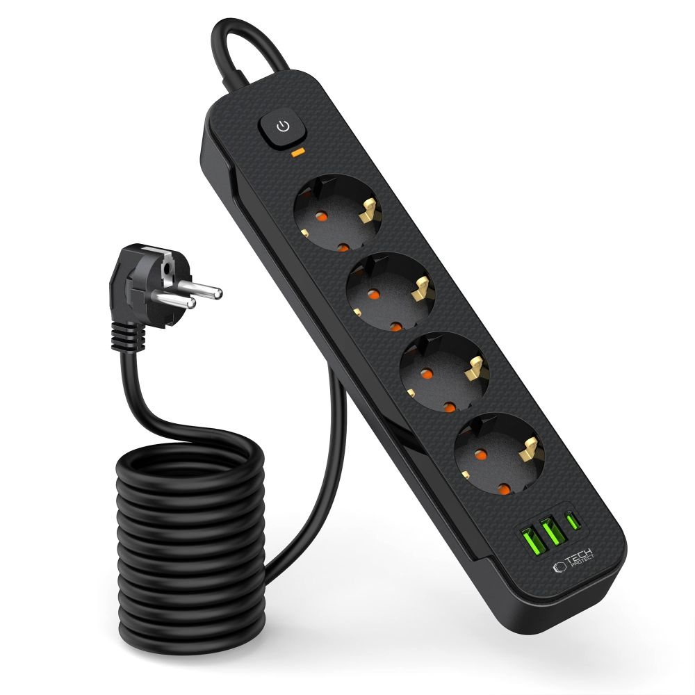 Tech-Protect PC4X3 predlžovací kábel so 4 zásuvkami 2 USB-A a 1 USB-C 2m - čierny