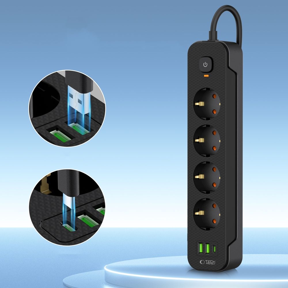 Tech-Protect PC4X3 predlžovací kábel so 4 zásuvkami 2 USB-A a 1 USB-C 2m - čierny