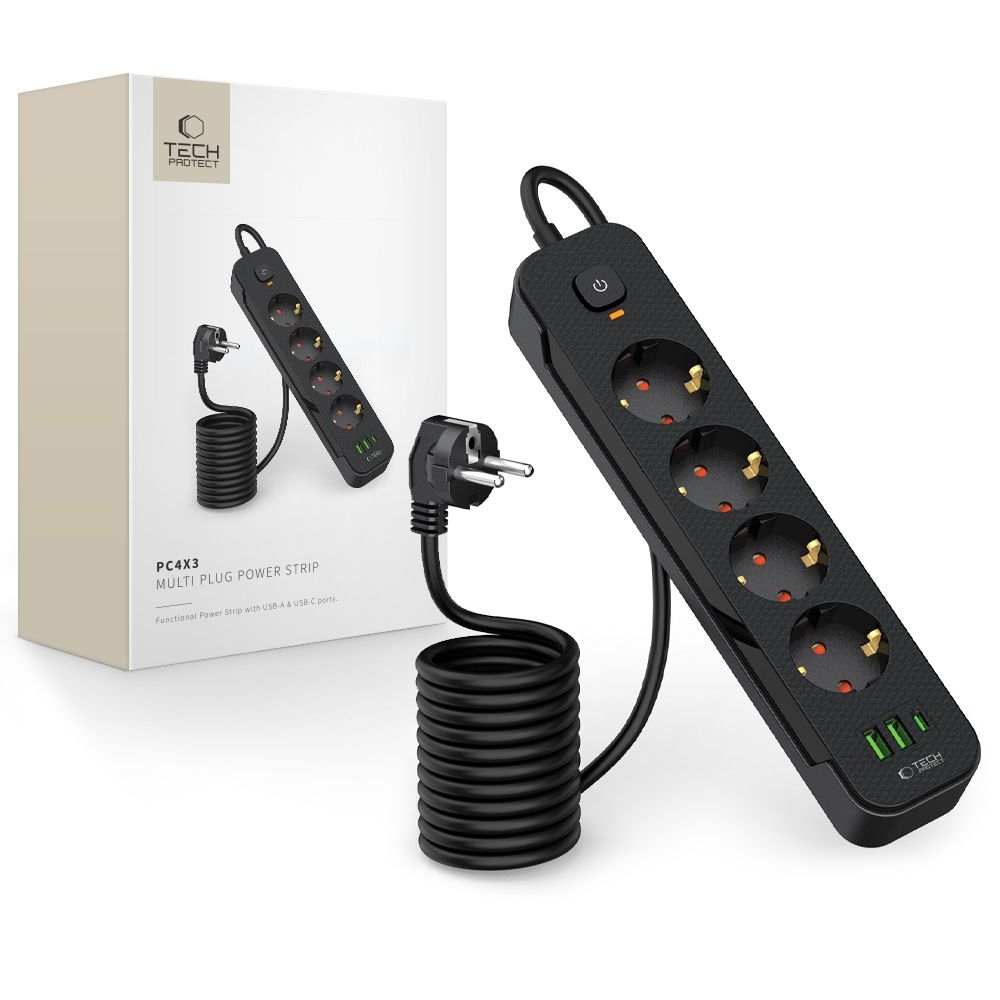 Tech-Protect PC4X3 predlžovací kábel so 4 zásuvkami 2 USB-A a 1 USB-C 2m - čierny