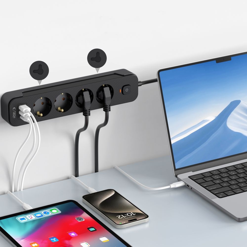 Tech-Protect PC4X3 predlžovací kábel so 4 zásuvkami 2 USB-A a 1 USB-C 2m - čierny