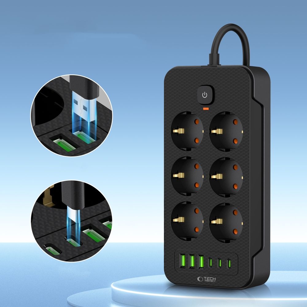 Tech-Protect PC6X6 predlžovací kábel so 6 zásuvkami 3 USB-A a 3 USB-C 2 m - čierny