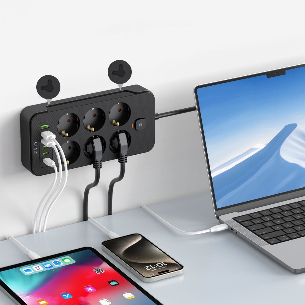 Tech-Protect PC6X6 predlžovací kábel so 6 zásuvkami 3 USB-A a 3 USB-C 2 m - čierny