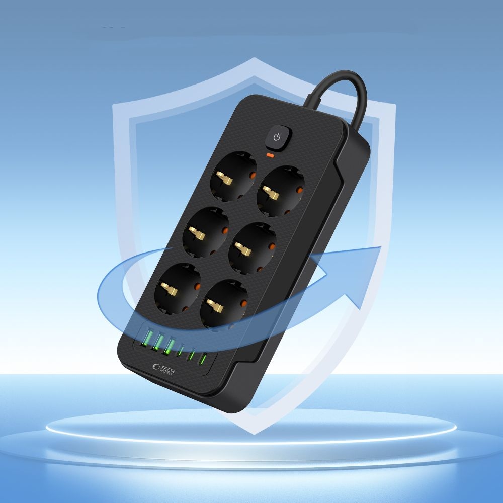 Tech-Protect PC6X6 predlžovací kábel so 6 zásuvkami 3 USB-A a 3 USB-C 2 m - čierny