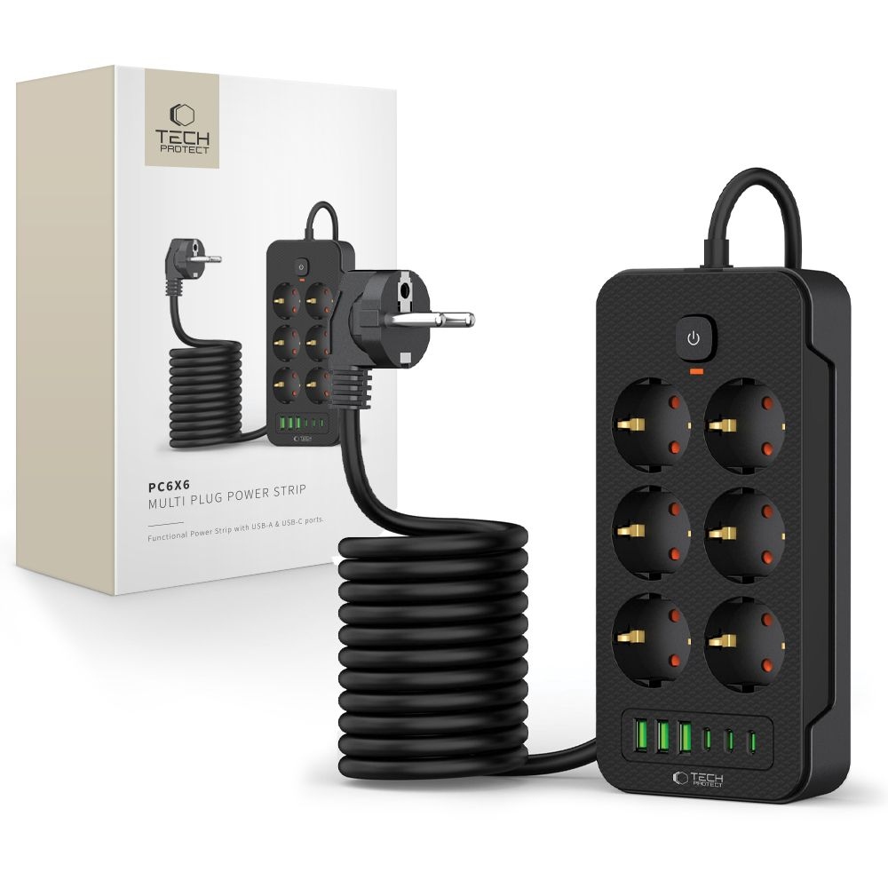 Tech-Protect PC6X6 predlžovací kábel so 6 zásuvkami 3 USB-A a 3 USB-C 2 m - čierny