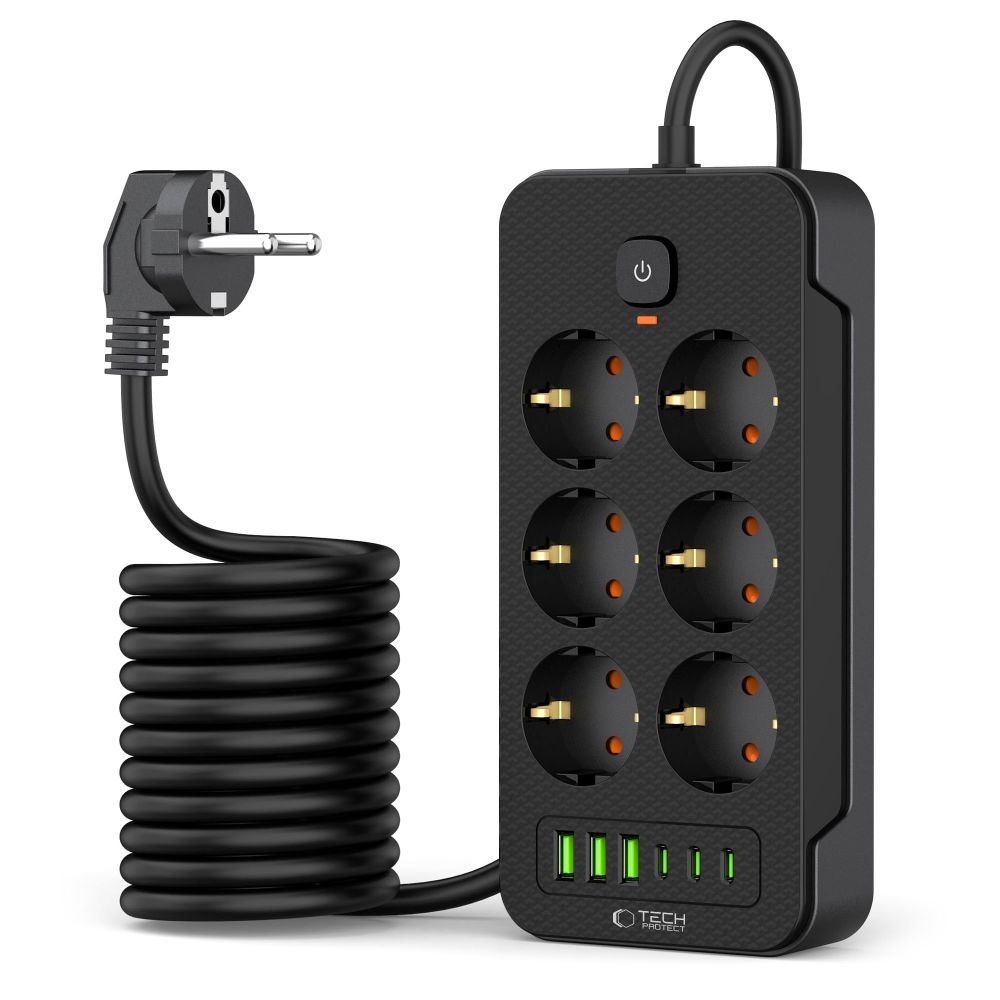 Tech-Protect PC6X6 predlžovací kábel so 6 zásuvkami 3 USB-A a 3 USB-C 2 m - čierny