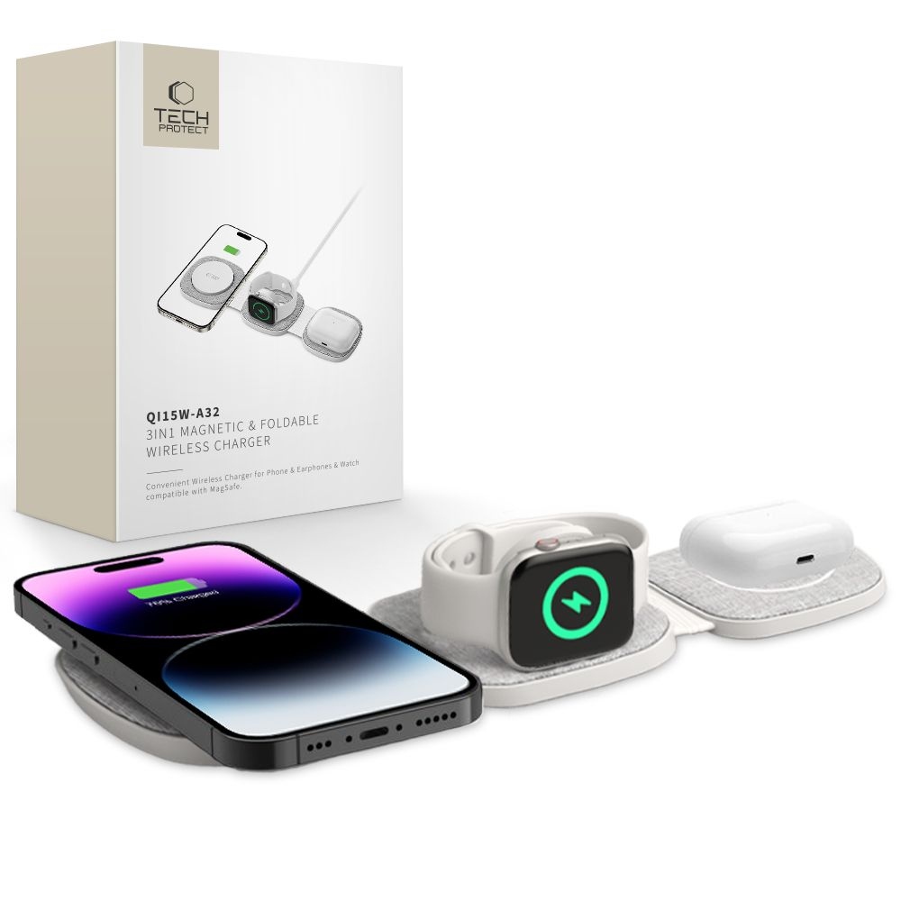 Tech-Protect QI15W-A32 cestovný nabíjací stojan 3v1 s MagSafe - šedý