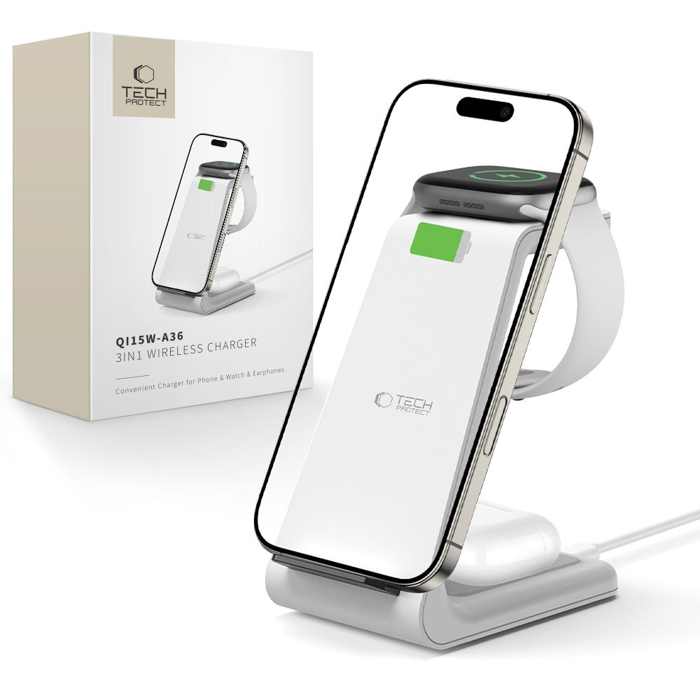 Tech-Protect QI15W-A36 nabíjací stojan 3v1 pre Apple iPhone, Watch a AirPods - biely