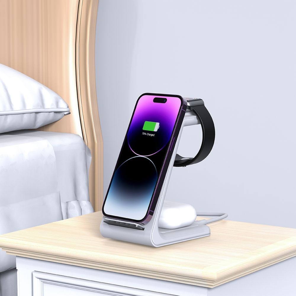 Tech-Protect QI15W-A36 nabíjací stojan 3v1 pre Apple iPhone, Watch a AirPods - biely