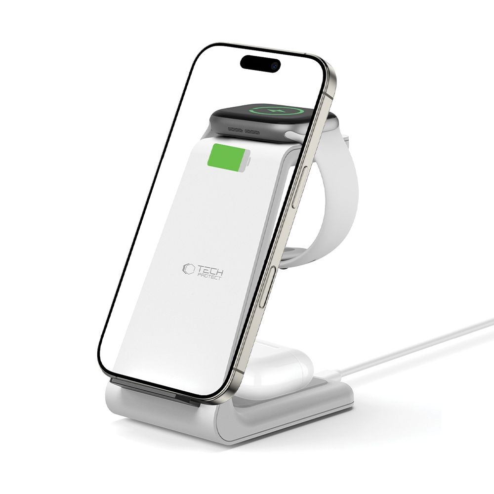 Tech-Protect QI15W-A36 nabíjací stojan 3v1 pre Apple iPhone, Watch a AirPods - biely