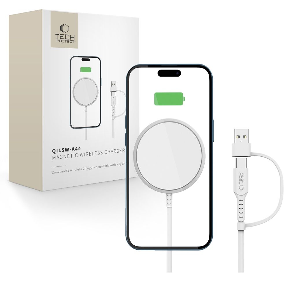 Tech-Protect QI15W-A44 bezdrôtová MagSafe nabíjačka s USB-C a USB-A - biela