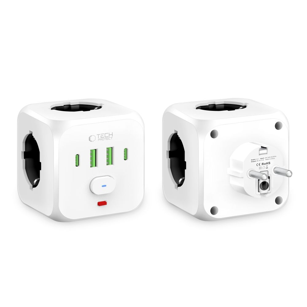 Tech-Protect Rozdvojka C13 PCL3X4 3x zásuvka 2x USB-A 2x USB-C - biela