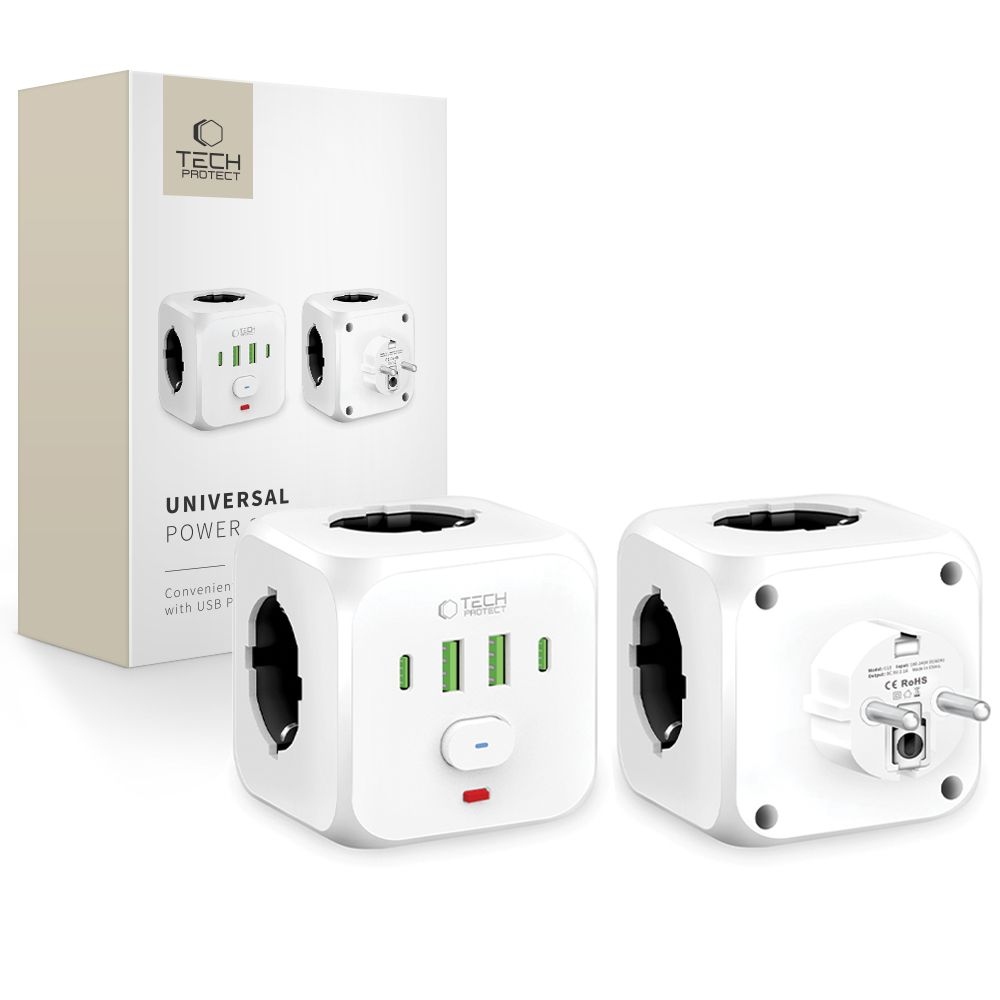 Tech-Protect Rozdvojka C13 PCL3X4 3x zásuvka 2x USB-A 2x USB-C - biela