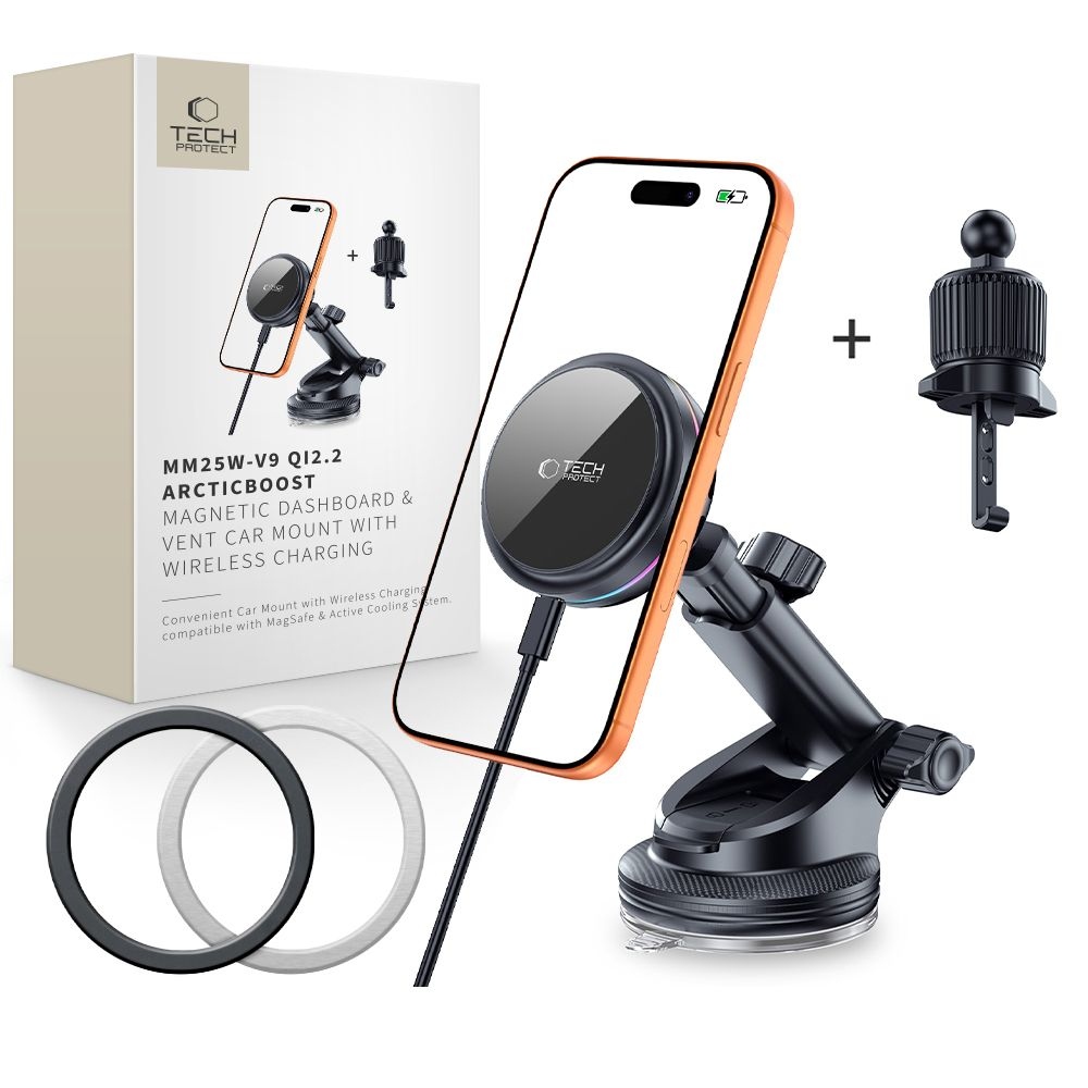 Tech-Protect V9 ArcticBoost MagSafe držiak do auta s bezdrôtovým nabíjaním Qi2.2 25W - čierny