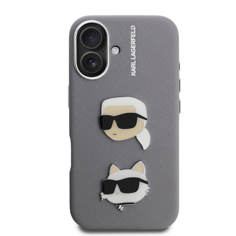 Karl Lagerfeld Grained PU K&CH Heads Zadný Kryt pre iPhone 16 Grey