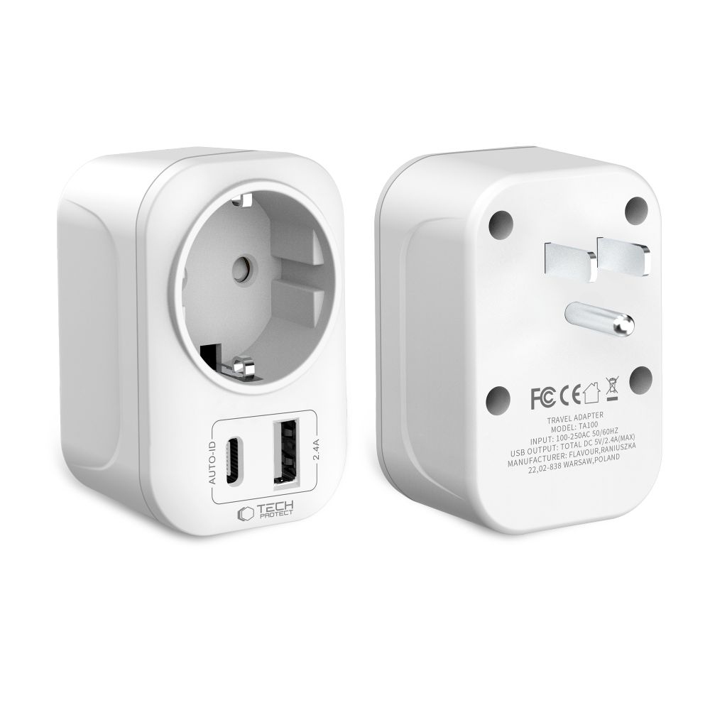 Tech-Protect TA100 cestovný adaptér EÚ na US s USB-C a USB-A