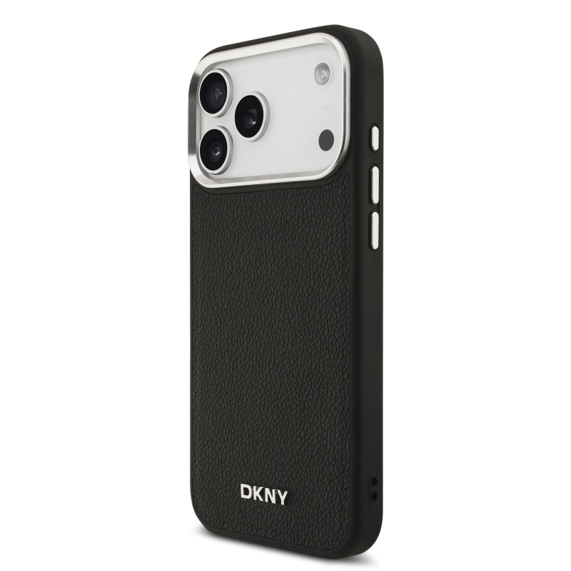 DKNY PU kožený kovový kryt s logom na zápästie MagSafe Back Cover pre iPhone 17 Pro Max Black