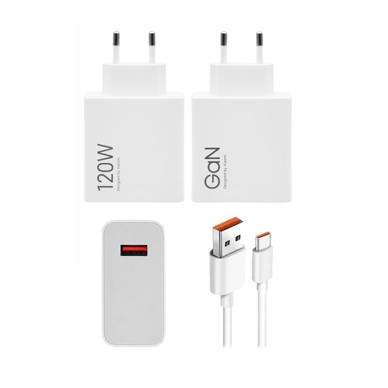 Xiaomi MDY-14-EE USB-A 120W GaN Cestovná Nabíjačka + USB-C 6A Dátový Kábel White (Bulk)