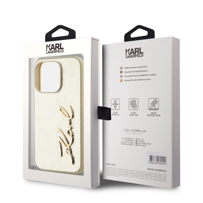 Karl Lagerfeld Wrinkled PU Signature Logo Zadný Kryt pre iPhone 15 Pro Max Gold